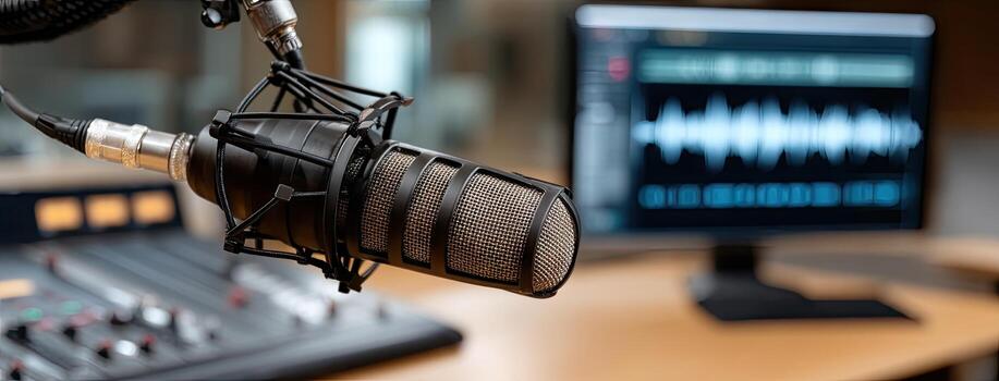 Broadcast studio setup with microphone and sound editing software during a live recording session photo