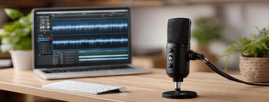 Recording session at a modern workspace featuring a microphone and a laptop with audio editing software photo