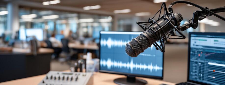 Recording equipment sets the stage for a podcast session in a modern office with multiple computer screens and sound waves visible on the monitor photo