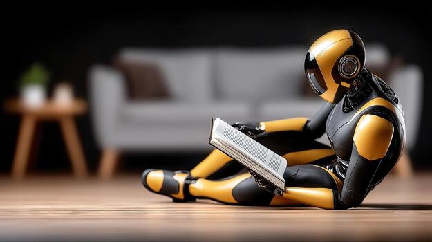 A robot reading a book on the floor photo