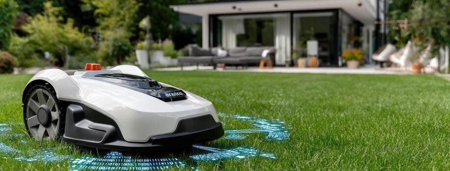 un robótico césped cortacésped es en el césped foto