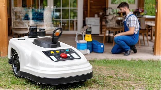 un hombre es trabajando en un robótico césped cortacésped foto