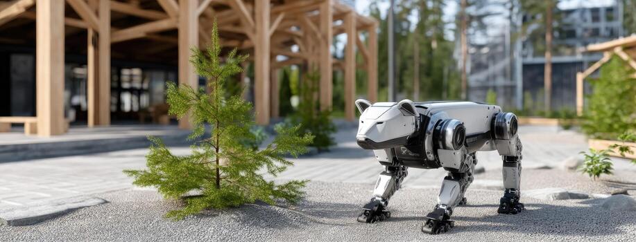 A robot dog is standing in front of a building photo
