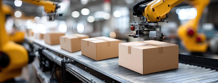 robots Moviente cajas en un transportador cinturón foto