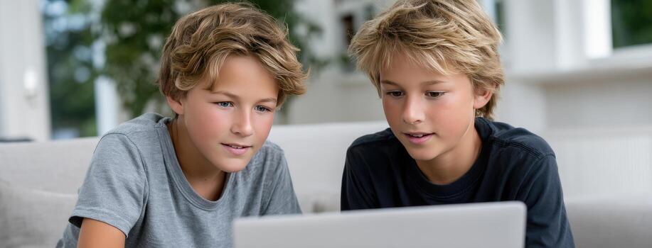Two boys looking at a laptop computer photo
