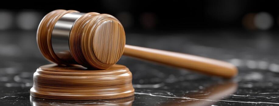 Judge's gavel on marble table photo