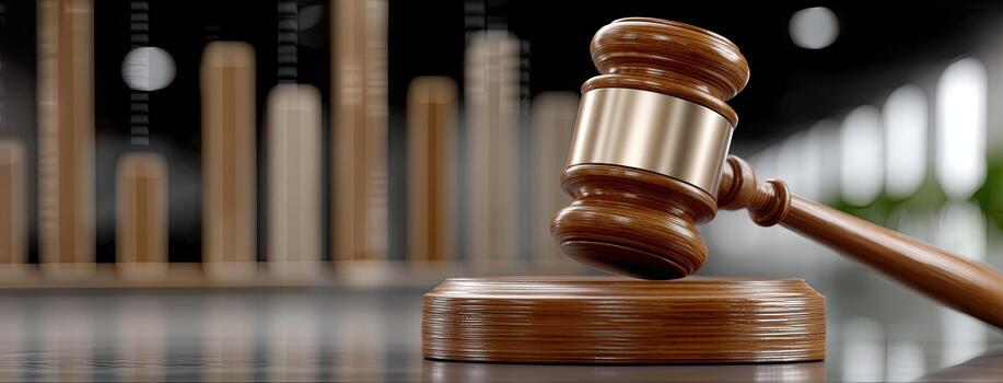 A judge gavel on a wooden table with a graph photo