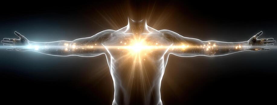 vibrante expresión de ligero emanando desde un humano figura con brazos extendido, simbolizando energía y vitalidad en un oscuro antecedentes ajuste foto
