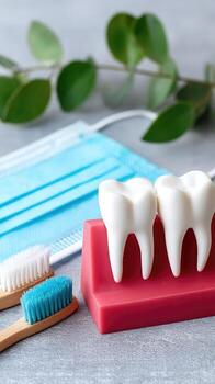 Dental hygiene tools and models arranged on a table with a medical mask and greenery in the background during a bright indoor setting photo