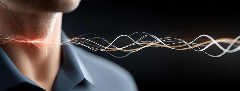 Sound waves interacting with a person's neck during vocalization in a dark setting with abstract light patterns photo