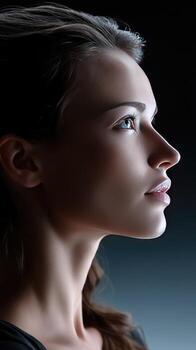 Profile view of a woman with striking features illuminated softly in a dark background, showcasing her natural beauty and serene expression in low light photo