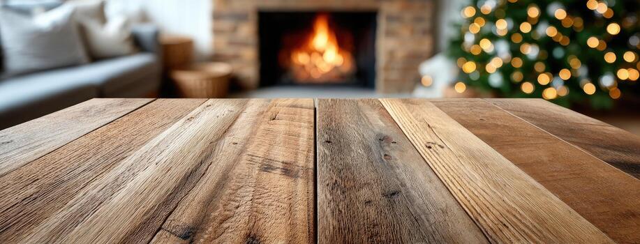 de madera mesa en frente de hogar con Navidad árbol en antecedentes foto