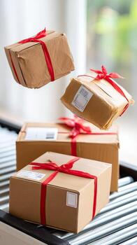 Three packages on a conveyor belt with red ribbon photo