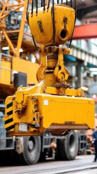 A crane is lifting a large yellow object photo
