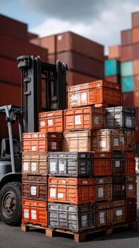 A forklift is parked next to a stack of wooden crates photo