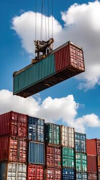 A crane lifts a container with a stack of stacked containers photo