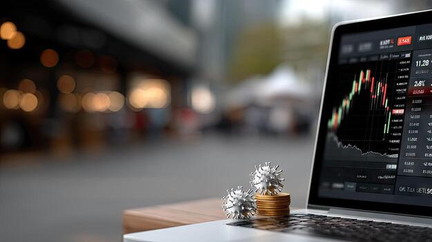 Investing in the stock market with a laptop displaying cryptocurrency data and coins in an urban setting photo