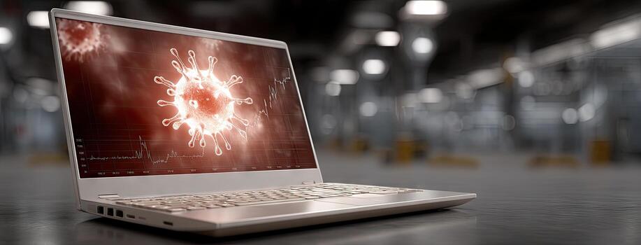 Virus visualization on a laptop screen in a modern workspace during evening hours highlighting the impact of technology on health awareness photo