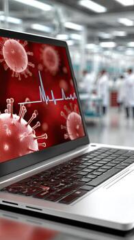 Virus analysis on a laptop screen in a laboratory setting with researchers working in the background during a scientific study on health photo