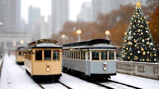dos carritos son en el pistas en frente de un Navidad árbol foto
