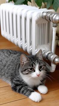 A cat laying on the floor next to a radiator photo