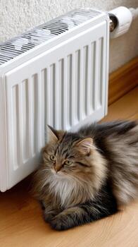 Cozy cat resting by a radiator during a cold day indoors at a home in winter photo