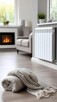 A white blanket and a heater are on the floor photo