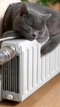 A gray cat is sleeping on top of a radiator photo