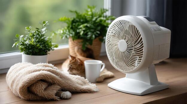 A fan and a mug on a window sill photo