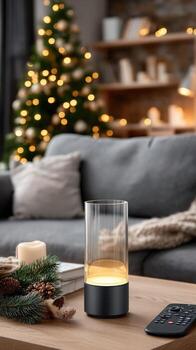 A glass lamp on a table next to a remote control photo