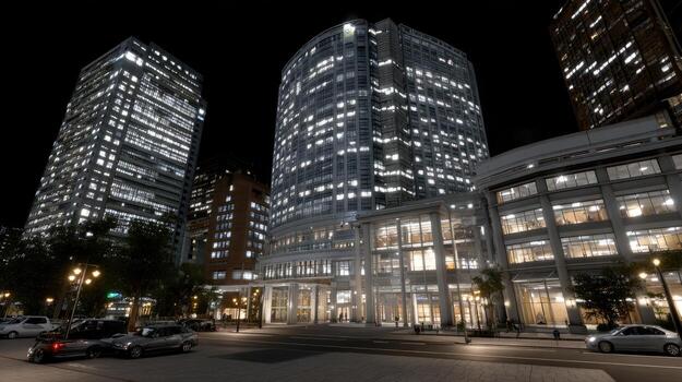 A rendering of a city street at night with tall buildings photo