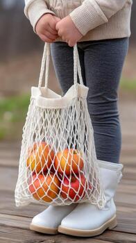 A child holding a net bag with apples photo