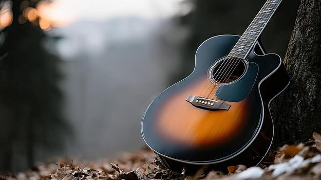 A guitar is sitting in the woods photo