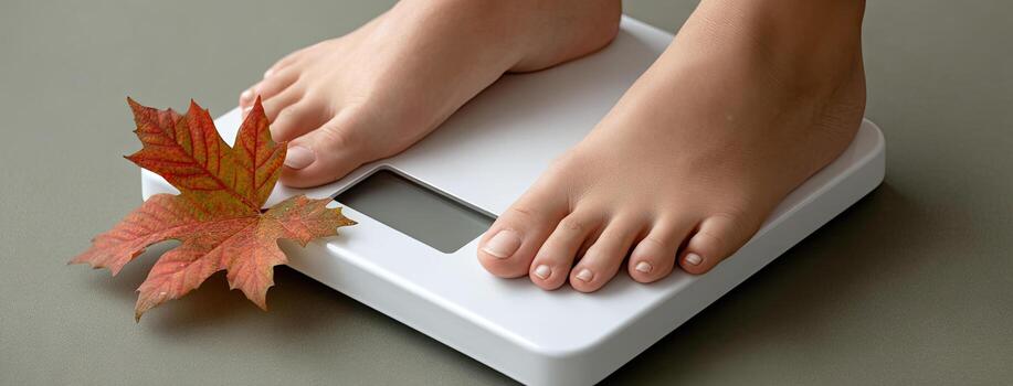 A person standing on a scale with a leaf on the floor photo