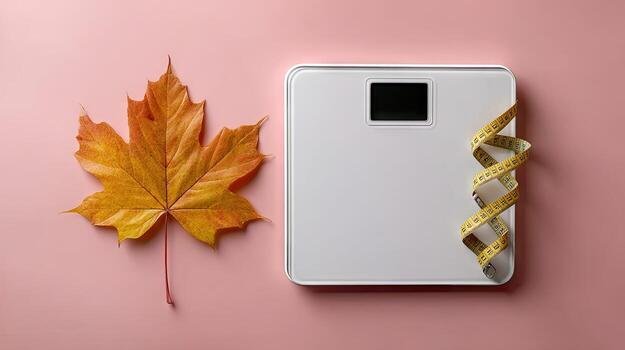 Autumn leaf and scale on pink background photo