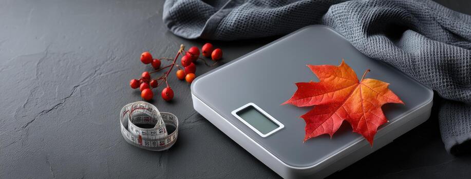 Autumn leaf on a scale with a cloth and a scarf photo