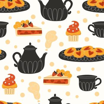 sin costura modelo con té conjunto y dulce pasteles tal como tarta, magdalenas y mermelada galletas vector