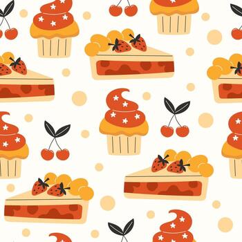 Seamless pattern with strawberry pies and cherry cupcakes on white background for bakery design vector