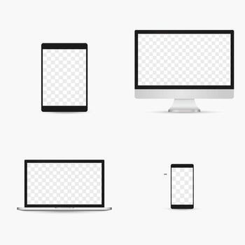 moderno plano dispositivos Bosquejo recopilación. televisor, escritorio computadora, computadora portátil, tableta, teléfono y con vacío pantalla para sensible web diseño presentación. aislado. vector