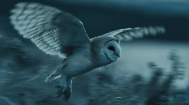 Flying owl with outstretched wings against a blurred background photo