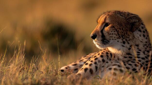 Cheetah resting in grassy field illuminated by warm sunlight photo