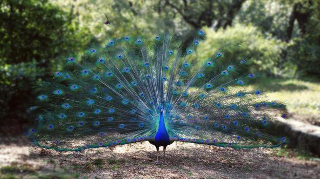 Peacock displaying magnificent feathers in natural outdoor setting photo