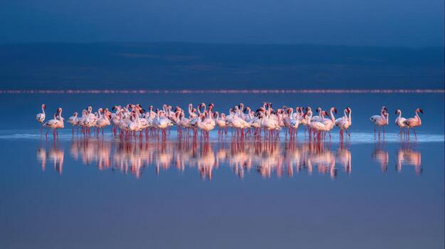 Elegant flamingos standing in water with reflections under soft sky photo