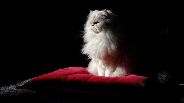 Elegant white cat resting on red cushion against a dark background photo