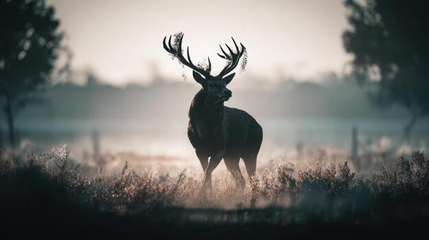 Majestic stag silhouette in misty field with large antlers against a soft background photo