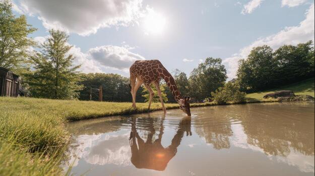 Giraffe drinks water at pond reflecting in sun with sky and trees photo
