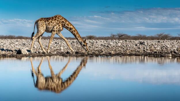 Giraffe drinking water with perfect reflection in calm blue surface photo