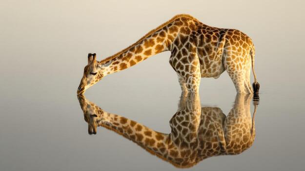 Giraffe drinking water reflected in calm surface daytime nature scene photo