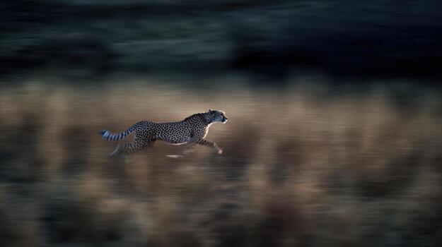 Cheetah running fast across open field with motion blur wildlife photography photo