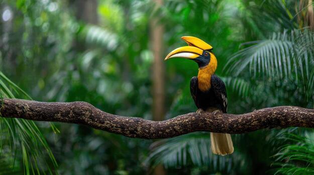Hornbill perched on a branch in a lush green rainforest environment photo